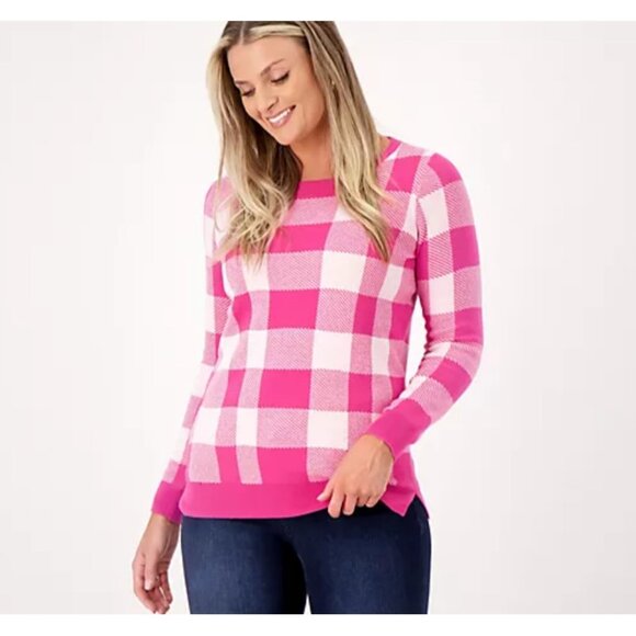 Belle by Kim Gravel Women ~sz M Sweater Can't Stop Wearing It Pink Plaid A549501 - Picture 1 of 7